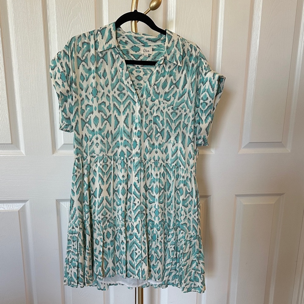Elan turquoise snake/aztec print short sleeve casual dress L